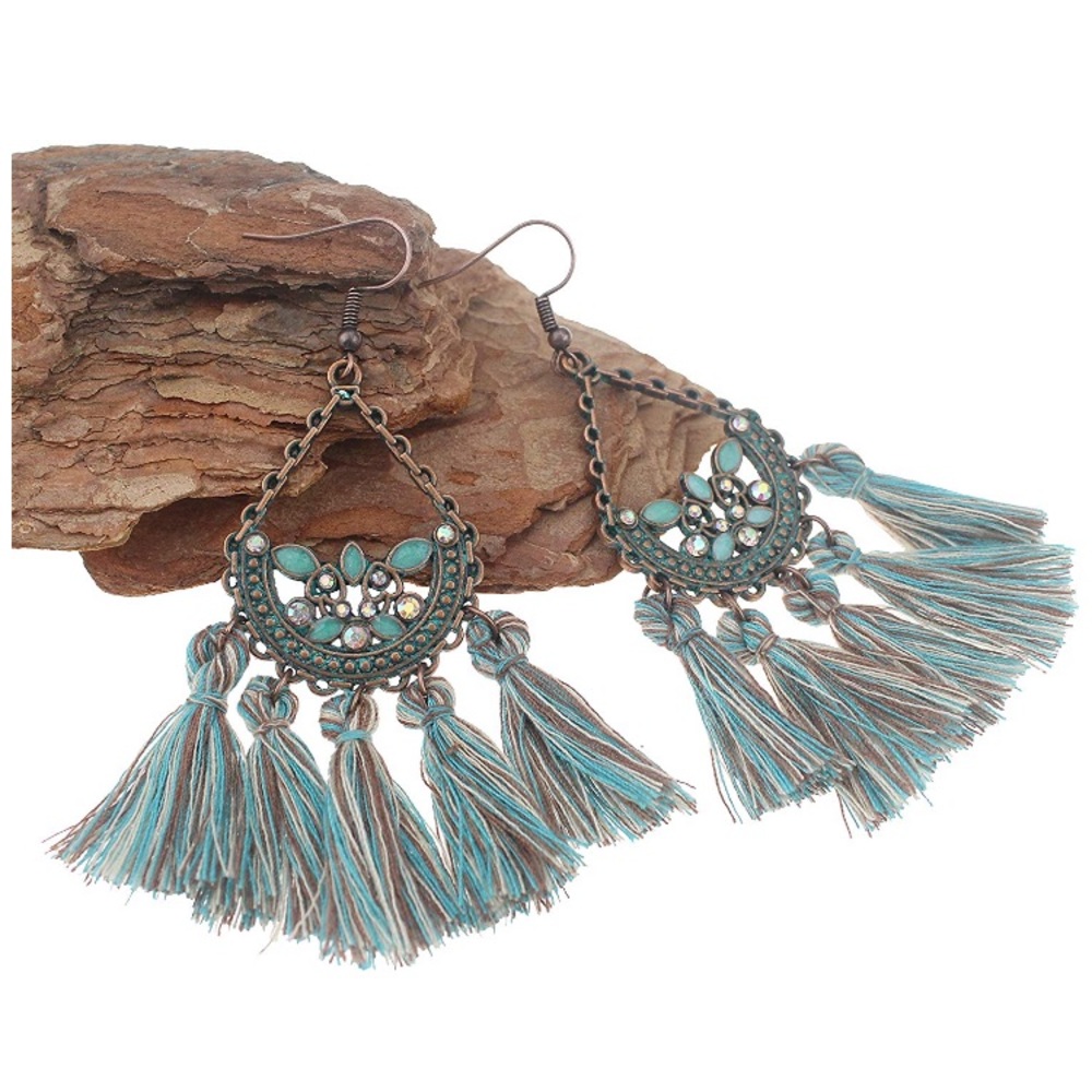 🆕Teal/Brown Tassel Earrings w/Rhinestones
